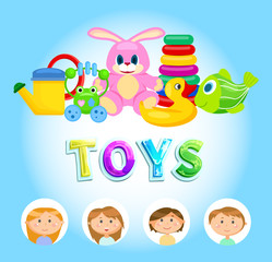 Toys collection and children face in round stickers, bright playthings, fish and duck, rabbit with long ears, frog and watering, pyramid constructor vector