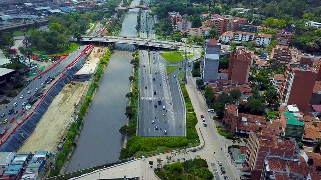 Aerial shot of busy roads in Medellin, Pueblo Paisa Conquistadores