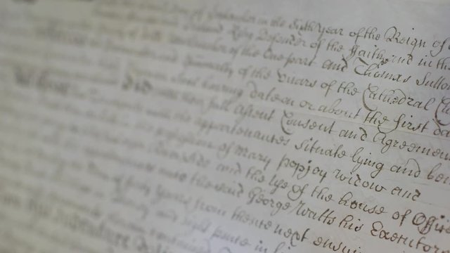 A historical legal document, hand written in ink CLOSE UP
