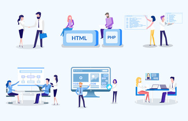 People working on new technological advancement vector, html and php, programmers and coders, man and woman on meeting. Agreement between partners at work
