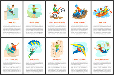 Parkour and wall climbing activity vector, extreme sports, hang gliding and highlining, rafting in boat and skateboarding of person, quad biking set