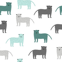 Seamless pattern with cute leopards. Kids hand drawn print. Vector illustration.