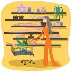 Young girl with shopping carts bying food in the supermarket isolated cartoon style vector illustration