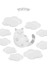 Cute card with happy cat on clouds. Vector illustration.