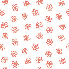 Hand drawn seamless pattern with pink flowers on white background. Vector illustration. Line drawing. Concept for children textile print, wallpaper, wrapping paper.