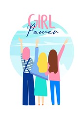 Three girls hug. Illustration for girls power concept, feminine and feminism ideas.