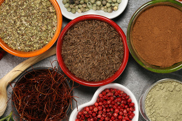 Spices and herbs on table. Food and cuisine ingredients.
