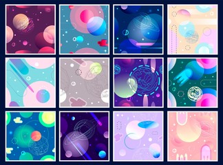 Colorful futuristic space seamless pattern set.