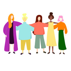 A group of women standing together and holding hands. Feminists, minded sisters. Girl power concept. Vector illustration.