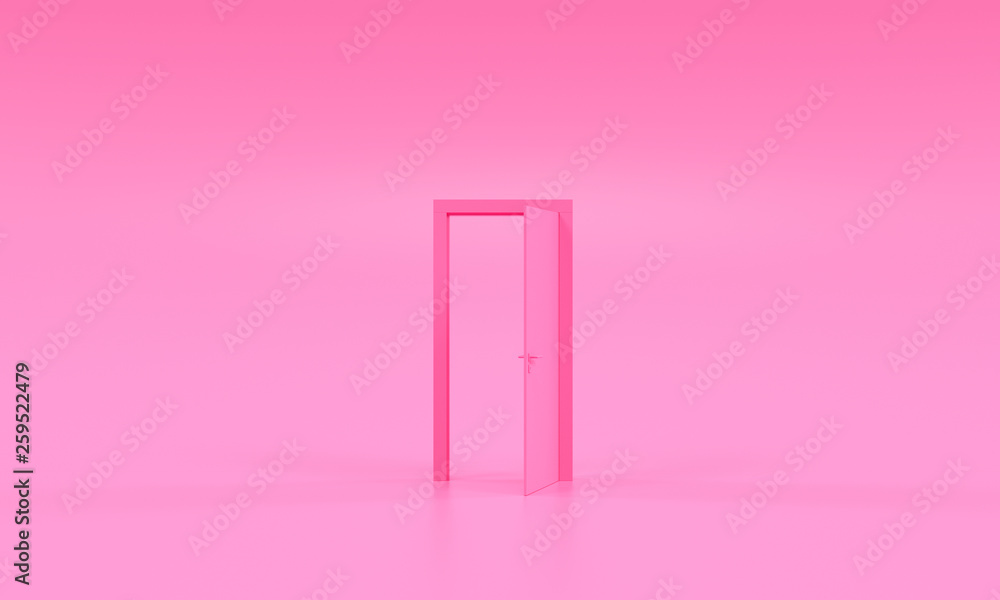 Wall mural pink door opened stands minimal idea space room and creative background - 3d rendering - illustratio