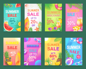 Best offer reduction posters set vector. Discount and promotion, diminution from shop, pineapple fruit with sunglasses, ball and inflatable lifebuoy