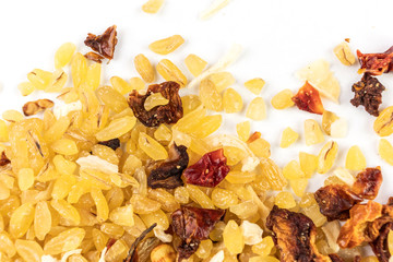 Bulgur with dried vegetables close-up on a light background. Dried semi-finished product for cooking. The image is suitable as a background for culinary themes.
