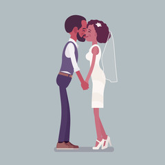 Bride and groom kissing on wedding ceremony. African american man, woman in beautiful white dress on traditional celebration, married couple in love. Marriage customs, traditions. Vector illustration