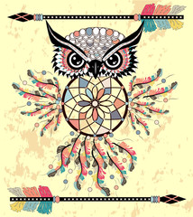 Cute Cartoon tribal Owl with feathers on a white background