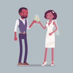 Bride and groom enjoy drinks on wedding ceremony. African american man, woman in beautiful dress on traditional celebration, married couple in love. Marriage customs, traditions. Vector illustration