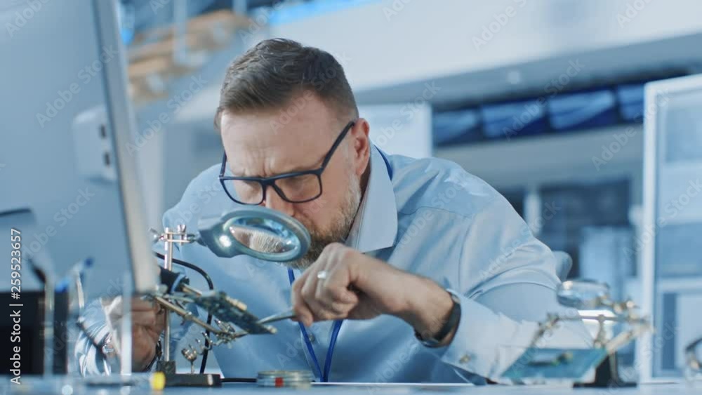 Poster electronics design engineer working with circuit boards, doing maintenance, checking quality and sol