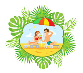 Obraz na płótnie Canvas Summer vacation vector, people with cocktails relaxing on beach. Summertime resort, man and woman by coast laying on chaise longue, umbrella shade