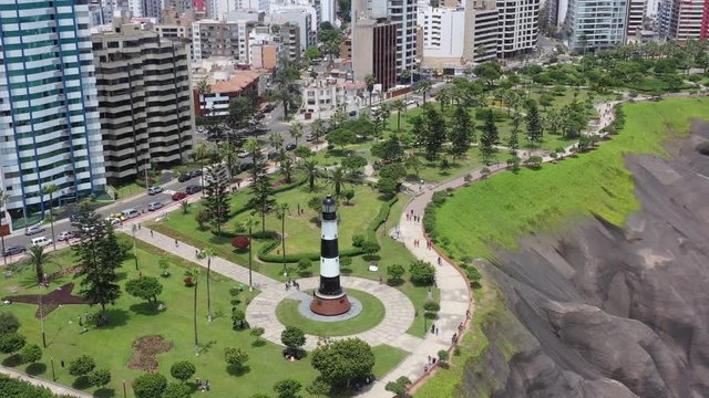 Aerial Drone Footage at the Lighthouse of the marina in the district of Miraflores Lima-Peru