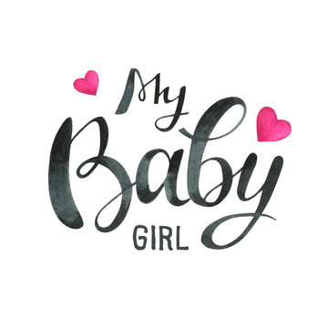 Hand written watercolor text for newborn baby shower party isolated on white background. Girl lettering	