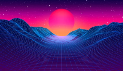 Peel and stick wall murals For him 80s synthwave styled landscape with blue grid mountains and sun over canyon