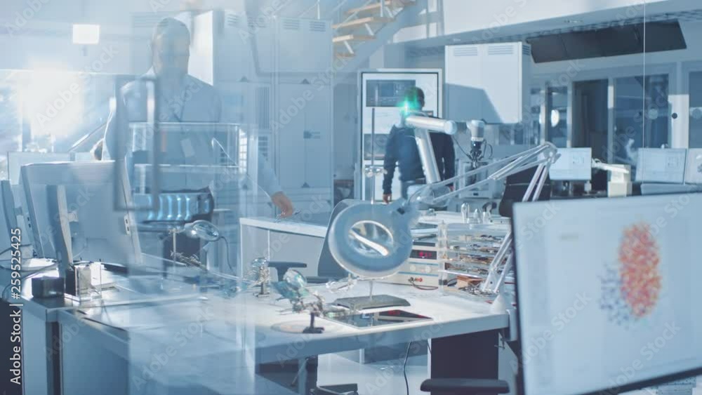 Aufkleber electronics design engineer takes his place starts working with circuit boards, doing maintenance an