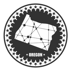 Image relative to USA travel. Oregon state map textured by lines and dots pattern. Stamp in the shape of a circle