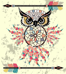 Cute Cartoon tribal Owl with feathers on a white background