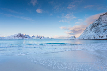 Beautiful landscape on a winter beach in Norway in the Lofoten Islands