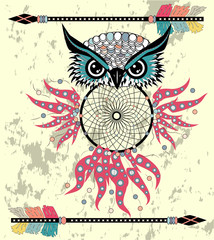 Patterned owl on the grunge background. African indian totem tattoo design.