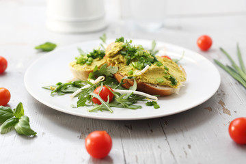 Egg paste with chives, healthy breakfast. Breakfast sandwiches