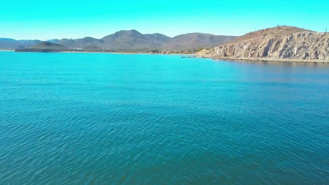 Aerial of the Sea of Cortez slong the Baja California coastline near Mulege, Mexico during a sunny summer day.