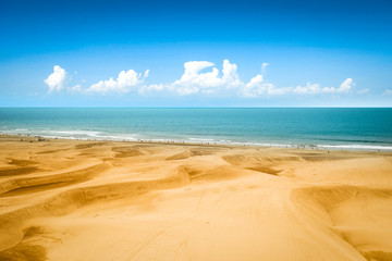 Fototapeta na wymiar Aerial photo of summer beach and blue ocean with sky. 