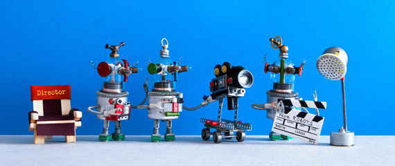 The film crew robots shoots motion picture blockbuster episode. Cinema television team robotic...