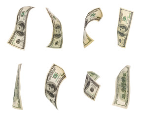 Collage of 100 dollar bills curved from different sides isolated on white