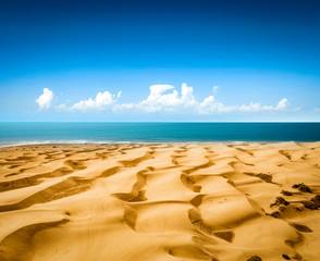 Aerial photo of summer beach and blue ocean with sky. 