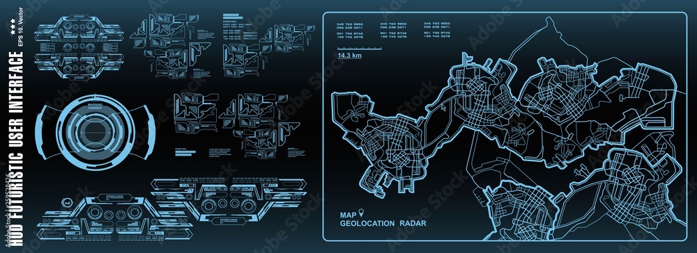 Fototapete Futuristic navigate mapping technology, dashboard GPS map. HUD user interface, virtual reality technology screen.