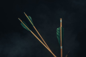 Four wood arrow. Beautiful smog background. Medieval weapons are handmade.