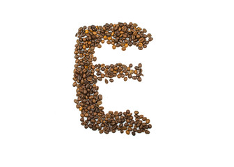English letter E made of coffee isolated on white background