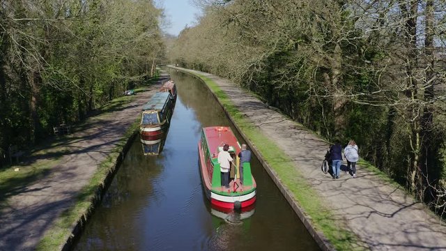 A Narrow Boat heading down stream to Cross the Pontcysyllte Aqueduct, famously designed by Thomas Telford,  located in the beautiful Welsh countryside, the Llangollen Canal route