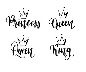 Queen, king, princess vector calligraphy lettering designs set