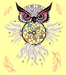 Traditional tattoo owl hold dream catcher symbol