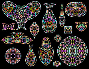 Bright bohemian ethnic cliche with paisley and decorative elements. Vector set of various ornaments, deco template. Oriental trendy print for decoration, gift, design, for women's clothing.