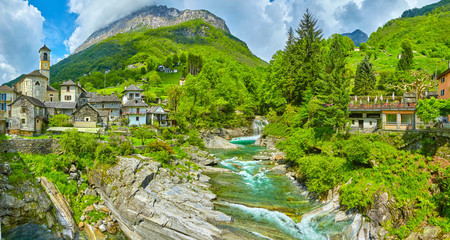 The village Lavertezzo with the river Riale Carecchio in Switzerland