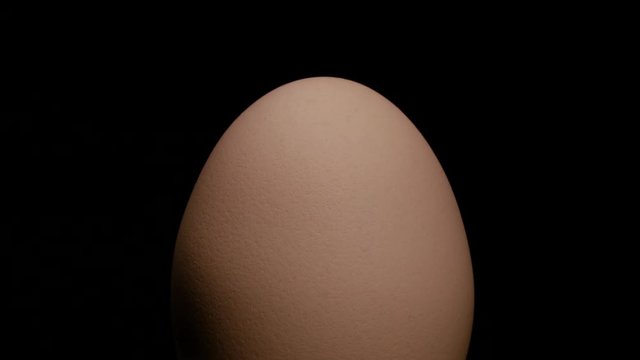 Close-up, whole brown egg in semidarkness rotating on the turntable on the black background, upright position
