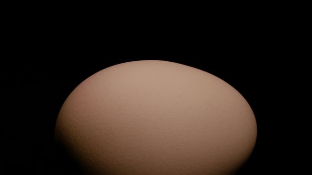Close-up, whole brown egg in semidarkness rotating on the turntable on the black background, horizontal position