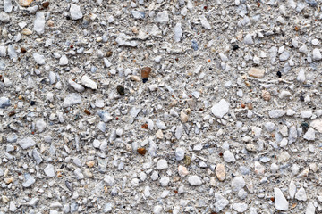 The surface of the concrete wall of the building is covered with a variety of different stones. The stones are small and large, white and brown. Exterior wall design. Background, backdrop, texture.