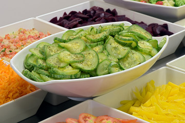 Salad dishes in self-service restaurant in Brazil