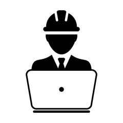 Support icon vector male construction service worker person profile avatar with laptop and hardhat helmet in glyph pictogram illustration