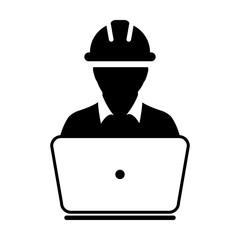 Safety worker icon vector male construction service person profile avatar with laptop and hardhat helmet in glyph pictogram illustration