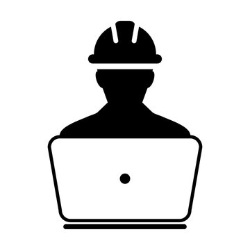 recommend clip art: Employee icon vector male construction worker person profile avatar with laptop and hardhat helmet in glyph pictogram illustration
